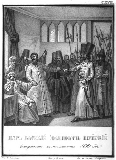 Consacrazione monastica dello Zar Vasili Ivanovich Shuisky, da Karamzin Illustrato da Boris Artemyevich Chorikov