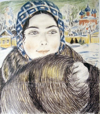La moglie di un giovane mercante con una sciarpa a quadri da Boris Mikhailovich Kustodiev