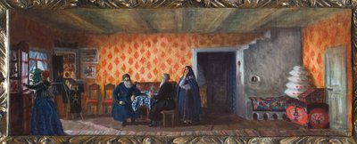 Decorazione preparatoria per la pièce teatrale "La morte di Pasukhin" di Mikhail Saltykov-Shchedrin da Boris Mikhailovich Kustodiev
