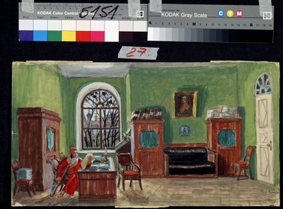 Scenografia preparatoria per la pièce teatrale La morte di Pasukhin di Mikhail Saltykov-Shchedrin da Boris Mikhailovich Kustodiev
