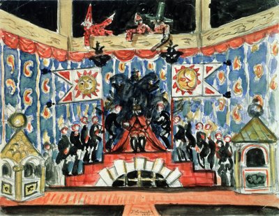Decorazione preparatoria per la pièce La pulce di Evgenij Zamiatin da Boris Mikhailovich Kustodiev