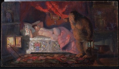 Domovoy che sbircia la moglie del mercante di vino addormentata da Boris Mikhailovich Kustodiev