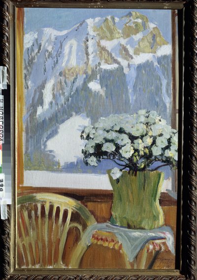 Fiori sul balcone, con vista sulla montagna da Boris Mikhailovich Kustodiev