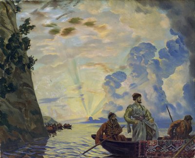 Il capo cosacco Stepan Razine in una barca da Boris Mikhailovich Kustodiev