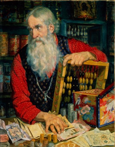 Il mercante (vecchio con denaro e abaco) da Boris Mikhailovich Kustodiev