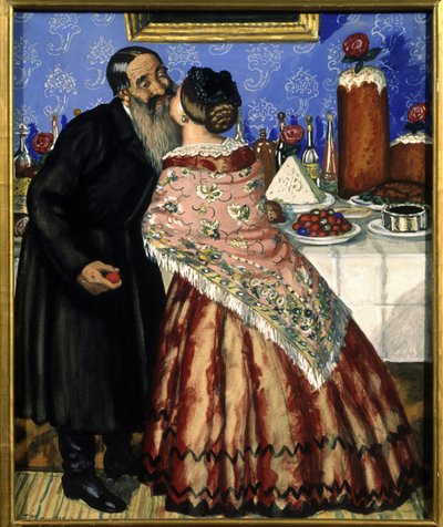Le salutazioni pasquali (una coppia si bacia vicino al tavolo imbandito per il pasto di Pasqua) - Dipinto di Boris Michaylovich Kustodiev (1878-1927) da Boris Mikhailovich Kustodiev