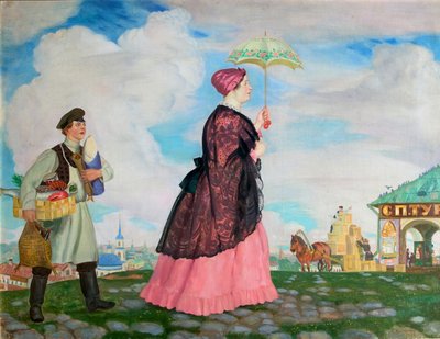 Donna mercante con acquisti, 1920 da Boris Mikhailovich Kustodiev