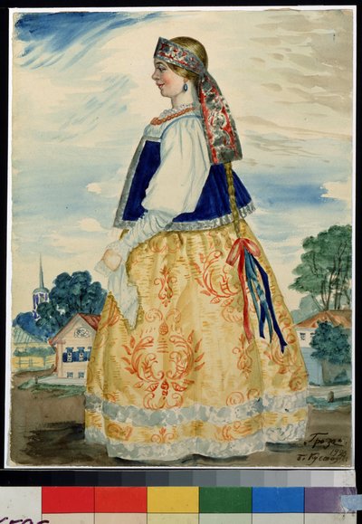 Progetto di costume per la commedia Il temporale di Aleksandr Ostrovskij da Boris Mikhailovich Kustodiev