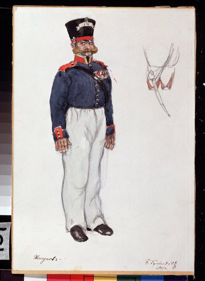 Progetto di costume per la pièce teatrale Cuore ardente di Alexandre Ostrovski da Boris Mikhailovich Kustodiev