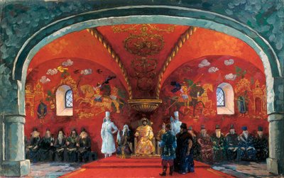 Rappresentazione di Boris Fyodorovich Godunov (1551-1605), Zar di Russia, Decorazione per il pezzo teatrale "Boris Godunov" di Alexander Sergeyevich Pushkin da Boris Mikhailovich Kustodiev