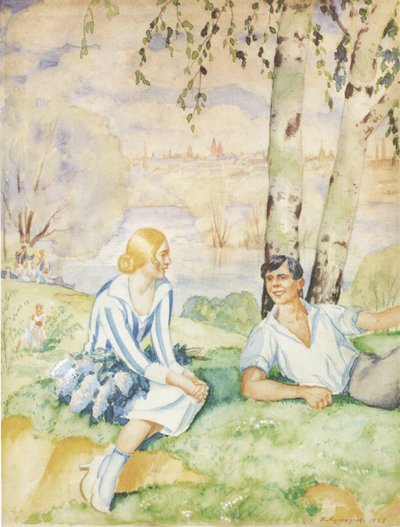 Primavera sulla riva del fiume, 1927 da Boris Mikhailovich Kustodiev
