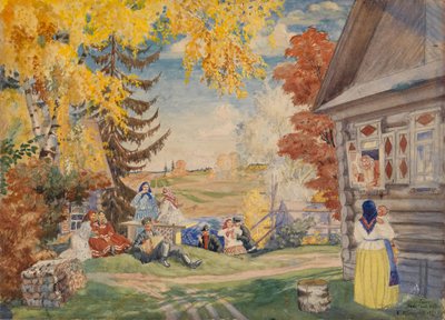 Scenografia per la commedia teatrale Donne contadine di Alexander Neverov, 1920 da Boris Mikhailovich Kustodiev