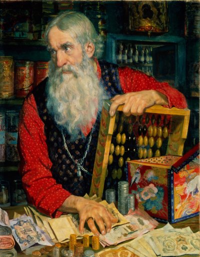 Il vecchio mercante con denaro, 1918 da Boris Mikhailovich Kustodiev