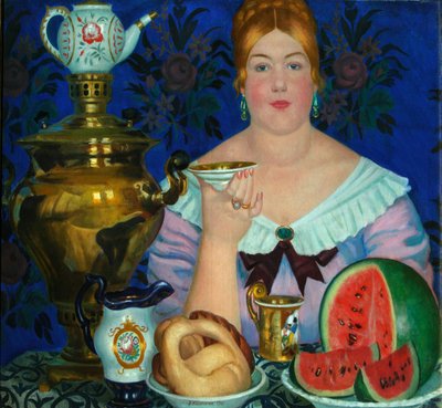La moglie del mercante che beve tè, 1923 da Boris Mikhailovich Kustodiev