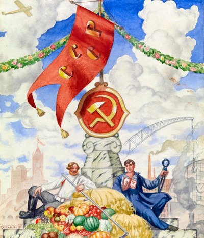 "Lavoratore e contadino uniti sotto la bandiera comunista" da Boris Mikhailovich Kustodiev