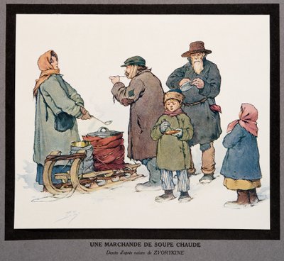 Un venditore di zuppa calda, da Histoire des Soviets, pub. 1922 da Boris Vasilievich Zvorykin