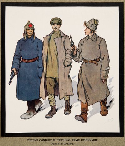 Detenuto portato a un Tribunale Rivoluzionario; da Histoire des Soviets, pub. 1922 da Boris Vasilievich Zvorykin