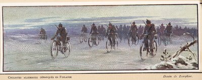 Ciclisti tedeschi che arrivano in Finlandia; da Histoire des Soviets, pub. 1922 da Boris Vasilievich Zvorykin