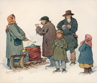 Donna che vende zuppa calda per strada nella Russia Sovietica da Boris Vasilievich Zvorykin