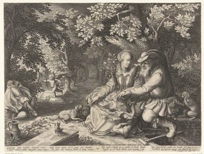 Morte e Cupido si scambiano frecce e un vecchio corteggia una giovane donna da Boëtius Adamsz. Bolswert