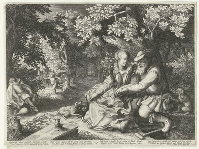 Morte e Cupido si scagliano frecce a vicenda e un vecchio corteggia una giovane donna da Boëtius Adamsz. Bolswert