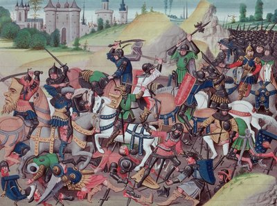 Battaglia tra Saraceni e Cristiani durante le Crociate, da Chroniques des empereurs di David Aubert, 1462 da Brabant School
