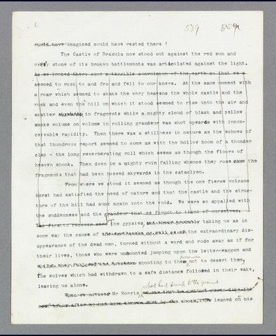 Pagina 539, Capitolo 27, Il passaggio cancellato che descrive la distruzione del castello di Dracula, dal manoscritto originale dattiloscritto di Bram Stoker 