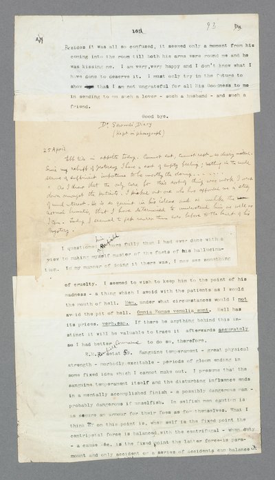 Pagina 93, Capitolo 5, Parte del diario fonografico del Dr. Seward che descrive il suo paziente, Renfield, dal manoscritto originale di 