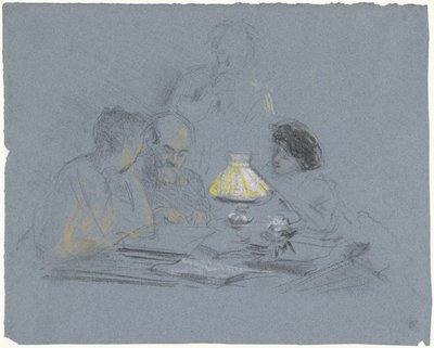 A. Grandmont e tre figure, che leggono alla luce della lampada da Bramine Hubrecht