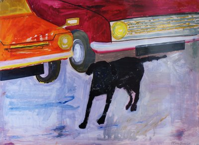 Cane al parcheggio di auto usate, Rex con auto rossa da Brenda Brin Booker