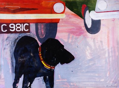 Cane al parcheggio di auto usate, Rex con auto arancione da Brenda Brin Booker