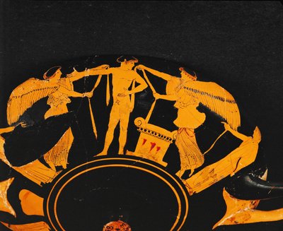 Nike, dea della vittoria, che mette i nastri a un giovane atleta in piedi accanto a un altare ... da Briseis Painter