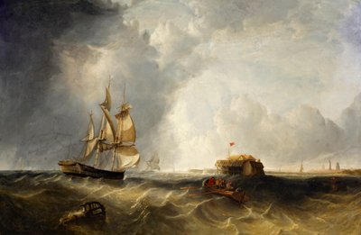 Una nave a vela e una barca a remi al largo di Calais da British School