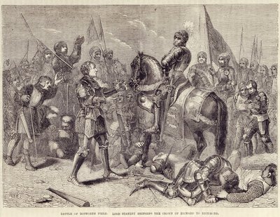 Battaglia di Bosworth. Lord Stanley porta la corona di Riccardo III a Richmond (1485): fine della Guerra delle Due Rose - in Storia illustrata d