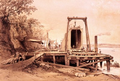 Rivoluzione industriale: installazione di un ponte prefabbricato. Incisione da 