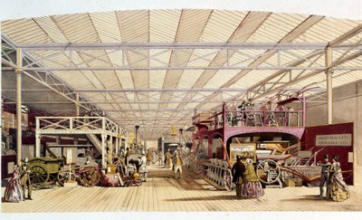 Rivoluzione industriale: vista interna del padiglione delle macchine agricole al Crystal Palace, costruito da Joseph Paxton per l