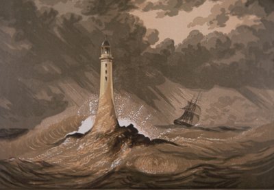 Il faro avverte le navi delle rocce durante la tempesta in mare da British School
