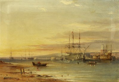 Veduta del porto di Portsmouth, con H.M.S. 