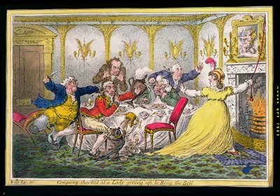 Compagnia scioccata da una signora che si alza per suonare il campanello, inciso da James Gillray, pubblicato da Hannah Humphrey nel 1804 da Brownlow North