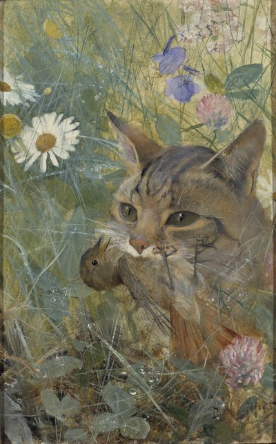 Un gatto con un giovane uccello in bocca, 1885 da Bruno Andreas Liljefors