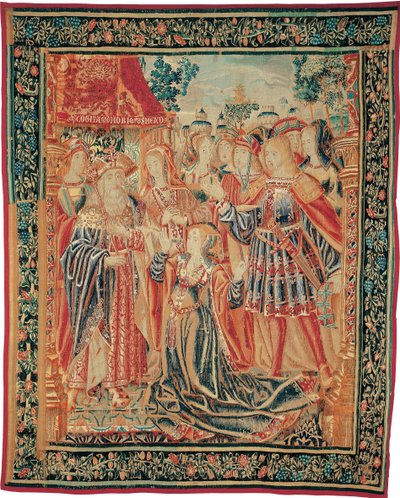 La storia di Troia. Cassandra intercede davanti a Priamo per ottenere il perdono per Paride, c. 1520 da Brussels Manufactory