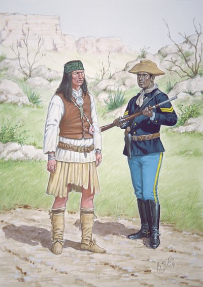 Un guerriero apache Chiricahua e un caporale del 10° reggimento di cavalleria statunitense nel 1886, da un set di sei tableaux da Bryan Fosten
