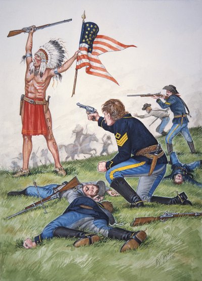 Un guerriero Sioux contro il 7° reggimento di cavalleria statunitense nella battaglia del Little Bighorn, 25 giugno 1876, da un set di sei tableaux da Bryan Fosten