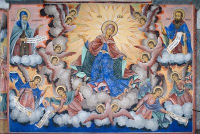 Bulgaria, Monastero di Rila, affresco della Gloria della Vergine nella chiesa della Natività della Vergine da Bulgarian School