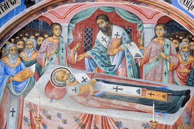 Bulgaria, Monastero di Rila, affresco funebre nella chiesa della Natività della Vergine da Bulgarian School