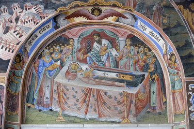 Bulgaria, Monti Rila, Monastero di Rila, dettaglio di affresco nella Chiesa della Natività della Vergine da Bulgarian School