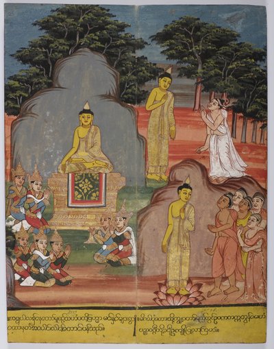 Sulla strada per il parco dei cervi Buddha incontrò cinque asceti (centro sinistra); al parco dei cervi predicò il primo sermone. da Burmese School
