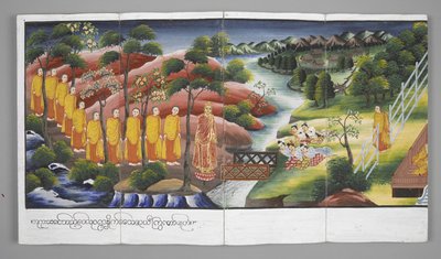 Or. 13534, f.23 Monaci che attraversano un fiume, Scene della vita di Buddha da Burmese School
