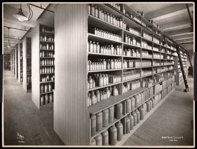 Vista interna di un magazzino chimico presso Parke, Davis und Co., chimici, Hudson und Vestry Streets, New York, 1910 da Byron Company