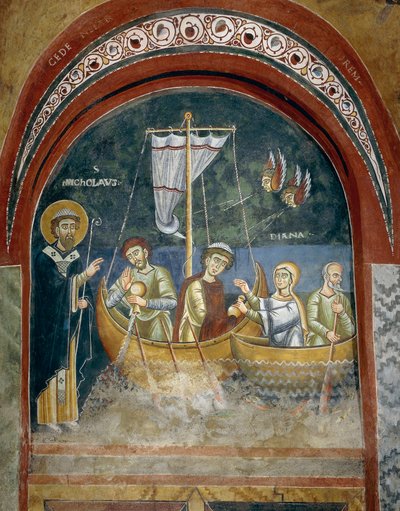 Apparizione di San Nicola ai naufraghi, Dettaglio dalle Storie della vita di San Nicola, affreschi romanici in stile bizantino, fine XI secolo, Cappella di San Eldrado e San Nicola, Abbazia di Novalesa, Piemonte, Italia da Byzantine